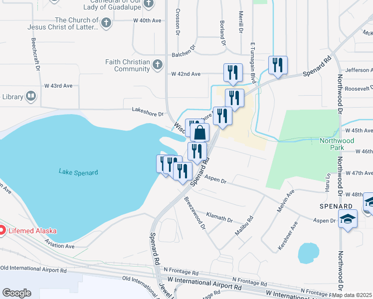 map of restaurants, bars, coffee shops, grocery stores, and more near 4608 Lake Spenard Drive in Anchorage
