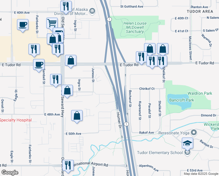 map of restaurants, bars, coffee shops, grocery stores, and more near 22 Homer Drive in Anchorage