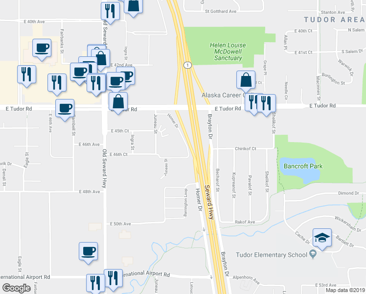 map of restaurants, bars, coffee shops, grocery stores, and more near 22 Homer Drive in Anchorage