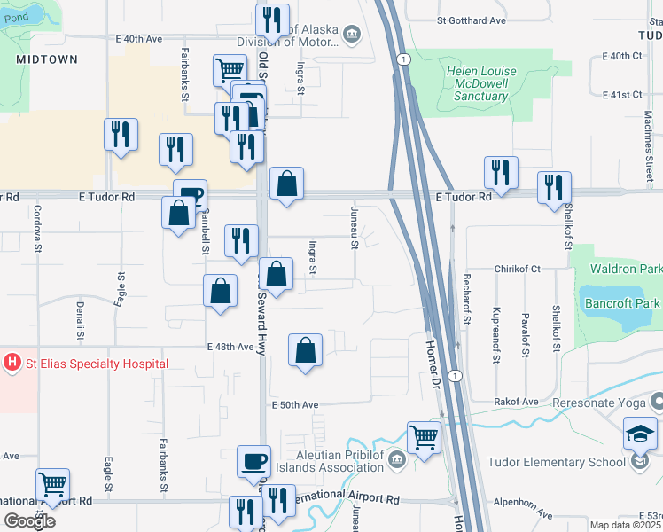 map of restaurants, bars, coffee shops, grocery stores, and more near 917 East 46th Court in Anchorage