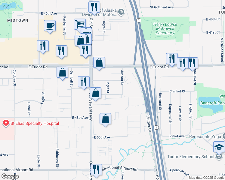map of restaurants, bars, coffee shops, grocery stores, and more near 909 East 46th Court in Anchorage