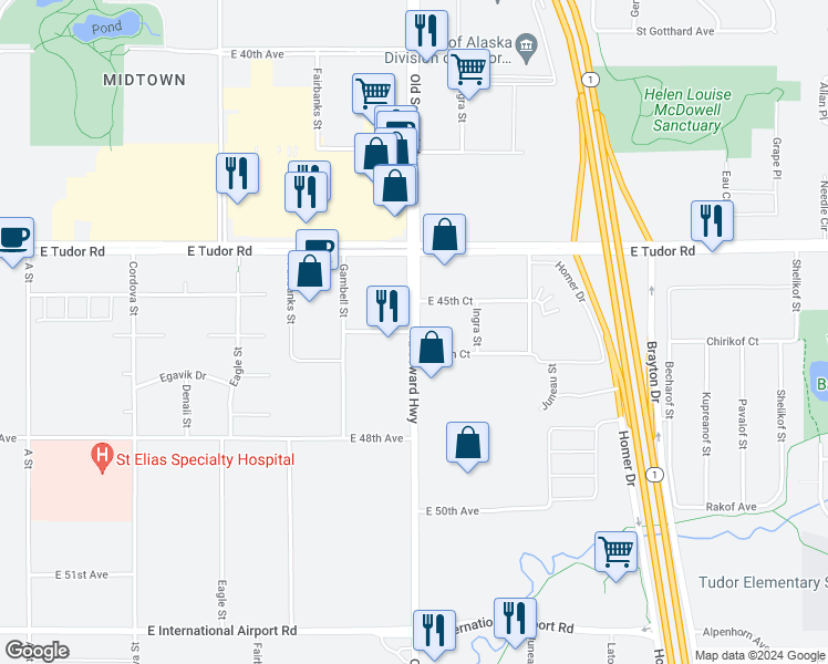 map of restaurants, bars, coffee shops, grocery stores, and more near 941 East 46th Avenue in Anchorage