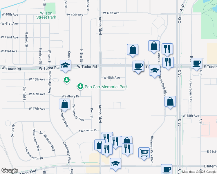 map of restaurants, bars, coffee shops, grocery stores, and more near 713 West 46th Avenue in Anchorage