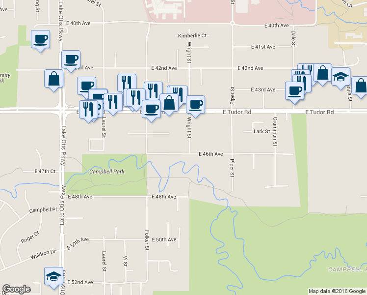 map of restaurants, bars, coffee shops, grocery stores, and more near 4530 Wright Street in Anchorage