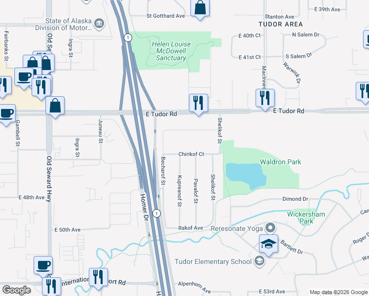 map of restaurants, bars, coffee shops, grocery stores, and more near 4600 Pavalof Street in Anchorage