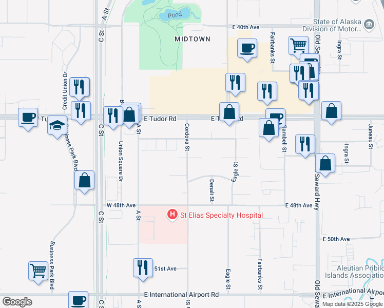 map of restaurants, bars, coffee shops, grocery stores, and more near 4601 Cordova Street in Anchorage