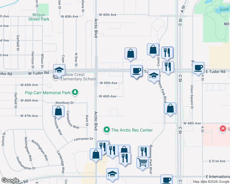 map of restaurants, bars, coffee shops, grocery stores, and more near 625 West 46th Avenue in Anchorage