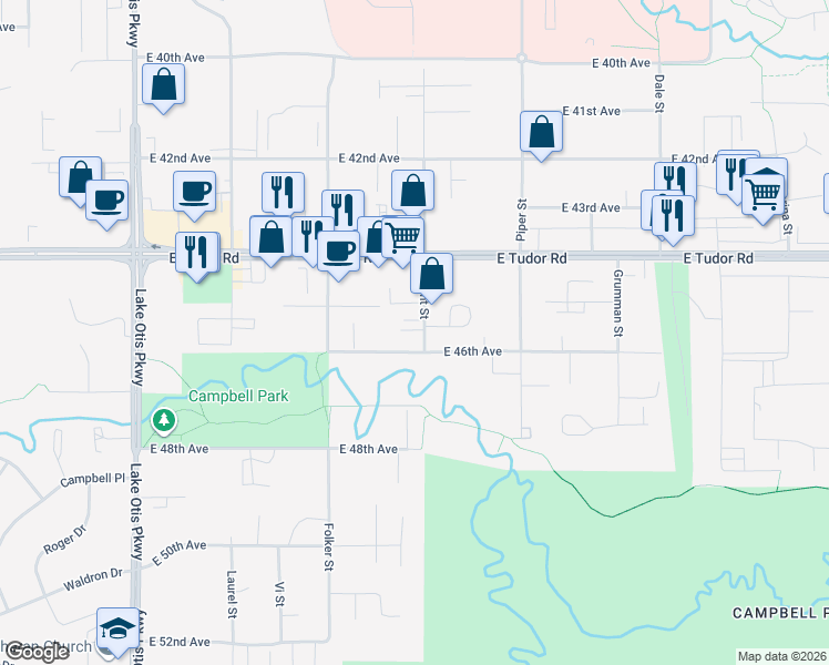map of restaurants, bars, coffee shops, grocery stores, and more near 4530 Wright Street in Anchorage