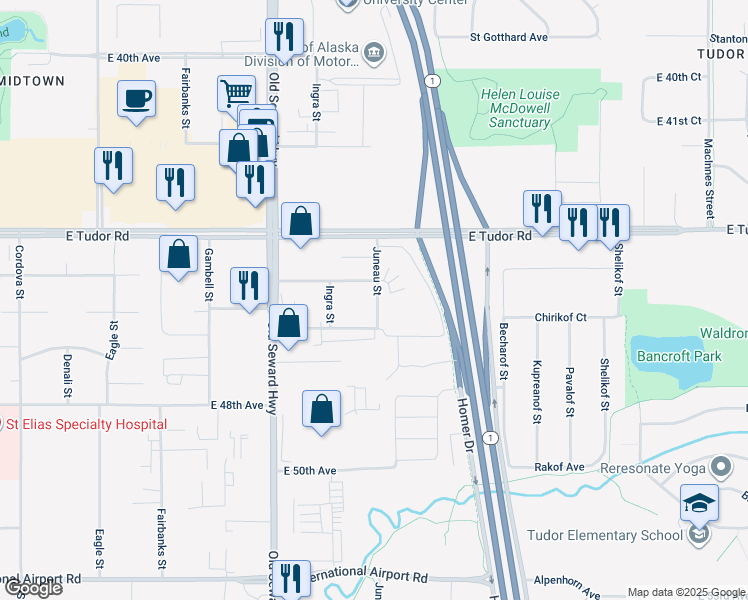 map of restaurants, bars, coffee shops, grocery stores, and more near 941 East 46th Court in Anchorage