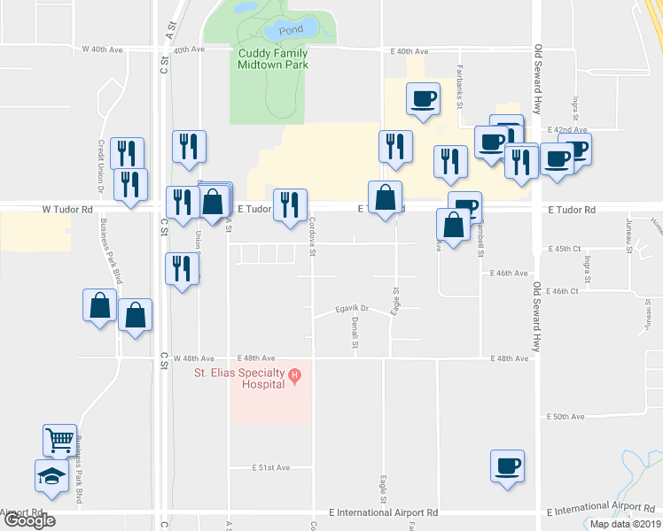 map of restaurants, bars, coffee shops, grocery stores, and more near 4601 Cordova Street in Anchorage