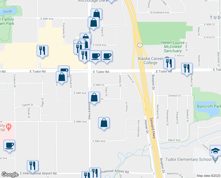 map of restaurants, bars, coffee shops, grocery stores, and more near 909 East 46th Court in Anchorage
