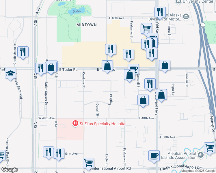 map of restaurants, bars, coffee shops, grocery stores, and more near 4600 Eagle Street in Anchorage