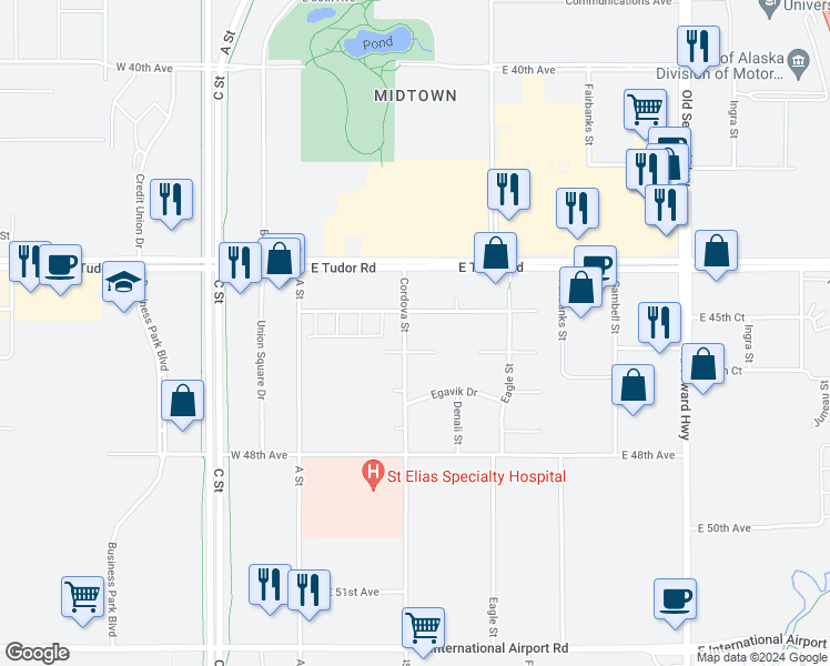 map of restaurants, bars, coffee shops, grocery stores, and more near 4601 Cordova Street in Anchorage