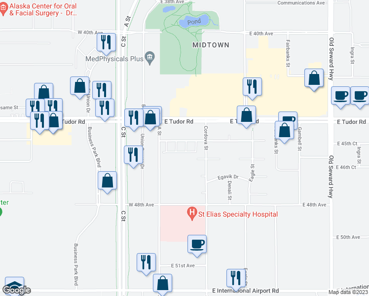 map of restaurants, bars, coffee shops, grocery stores, and more near 208 East 45th Avenue in Anchorage