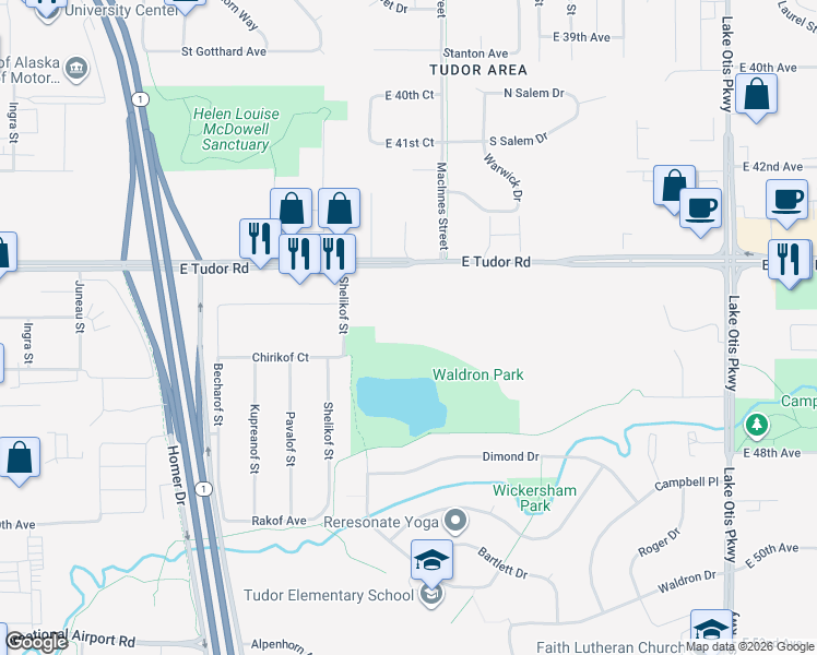 map of restaurants, bars, coffee shops, grocery stores, and more near 1630 East Tudor Road in Anchorage