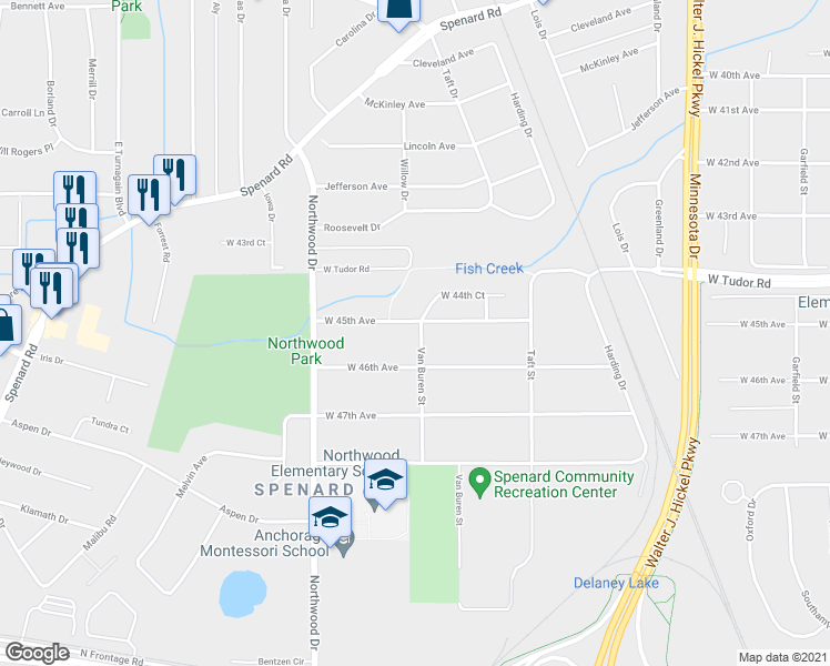 map of restaurants, bars, coffee shops, grocery stores, and more near 2200 West 45th Avenue in Anchorage