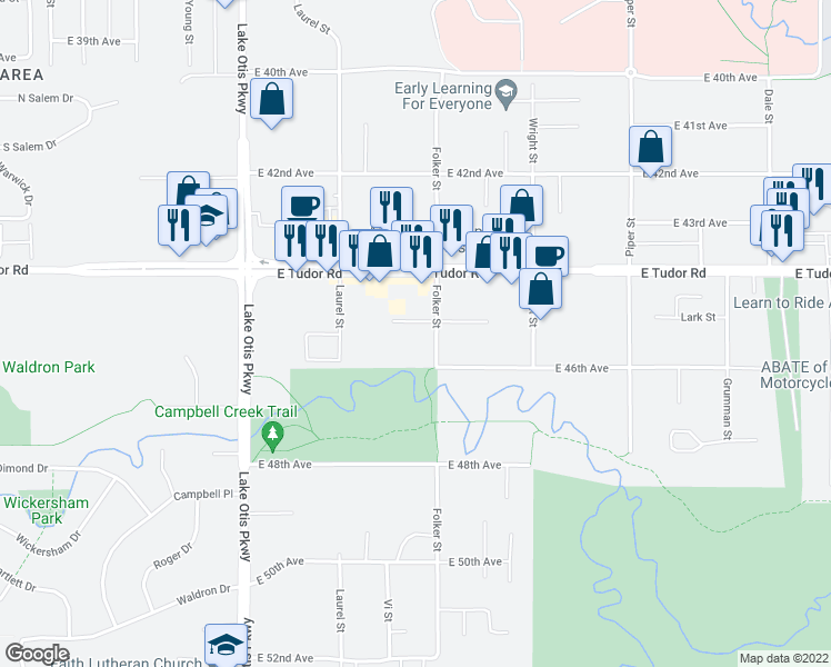 map of restaurants, bars, coffee shops, grocery stores, and more near 2640 Happy Lane in Anchorage