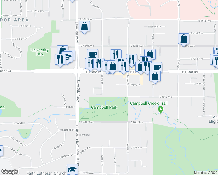 map of restaurants, bars, coffee shops, grocery stores, and more near 4511 Laurel Street in Anchorage