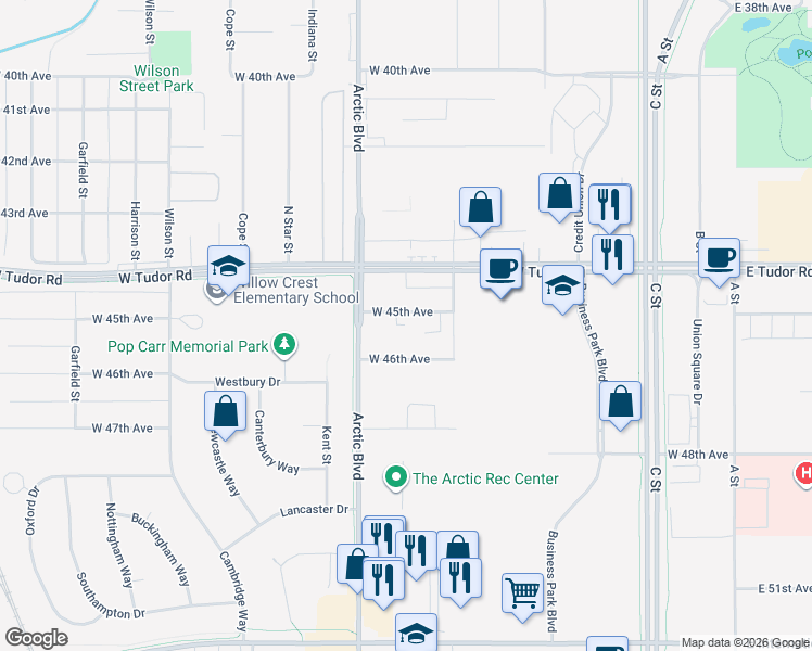 map of restaurants, bars, coffee shops, grocery stores, and more near 713 West 46th Avenue in Anchorage