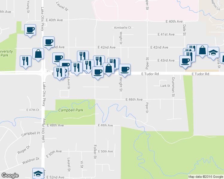 map of restaurants, bars, coffee shops, grocery stores, and more near 2770 East 46th Avenue in Anchorage