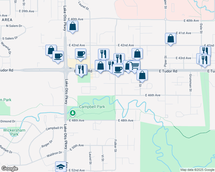 map of restaurants, bars, coffee shops, grocery stores, and more near 2620 Happy Lane in Anchorage
