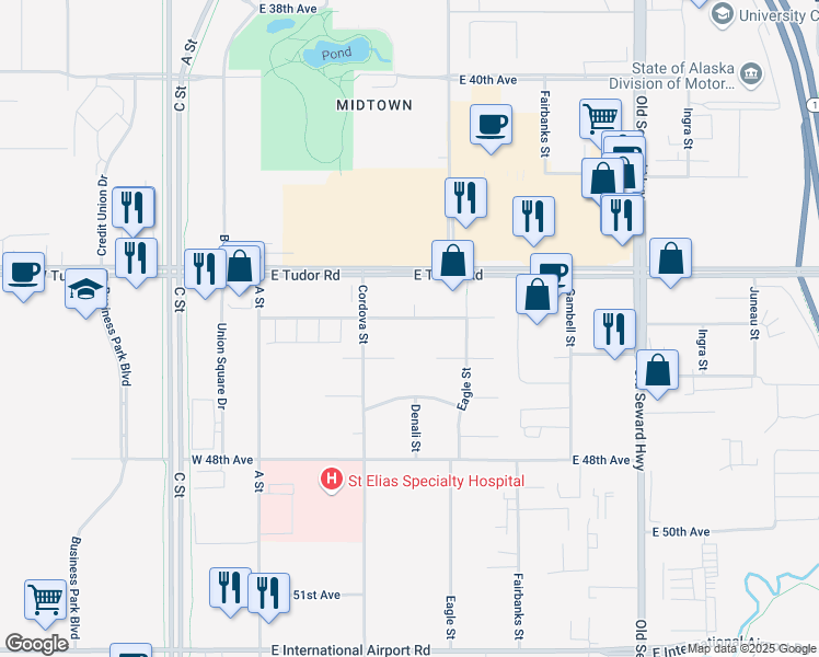 map of restaurants, bars, coffee shops, grocery stores, and more near 341 East 46th Avenue in Anchorage