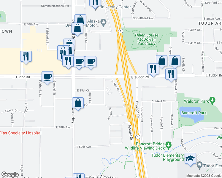map of restaurants, bars, coffee shops, grocery stores, and more near 4455 Juneau Street in Anchorage