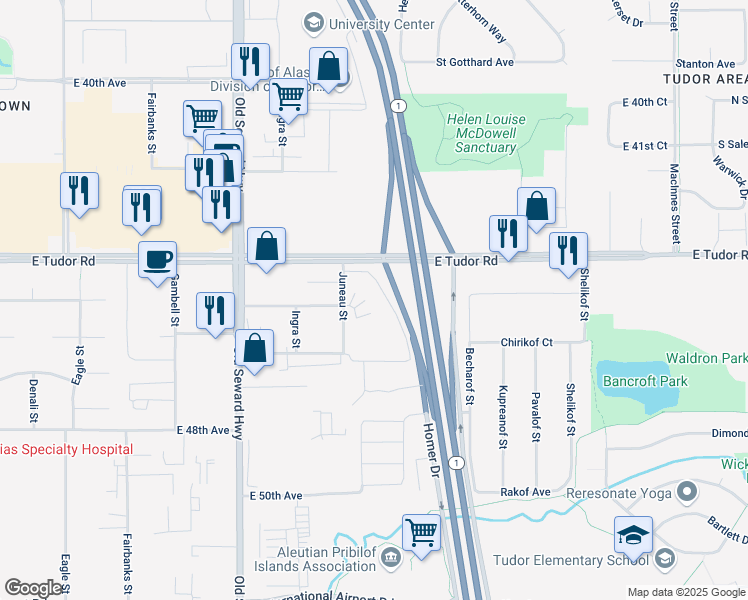 map of restaurants, bars, coffee shops, grocery stores, and more near 4455 Juneau Street in Anchorage