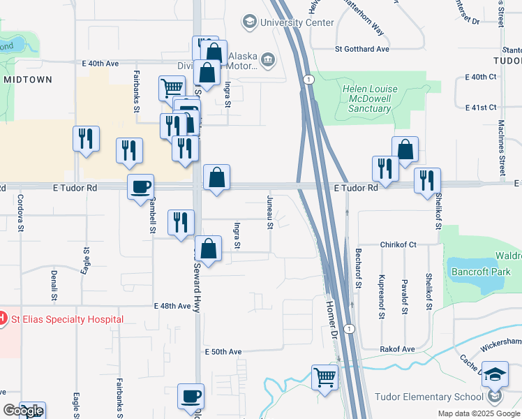 map of restaurants, bars, coffee shops, grocery stores, and more near 935 East 45th Court in Anchorage