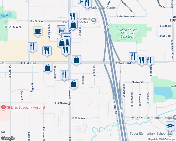 map of restaurants, bars, coffee shops, grocery stores, and more near 917 East 45th Court in Anchorage