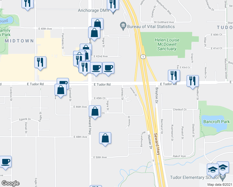 map of restaurants, bars, coffee shops, grocery stores, and more near in Anchorage