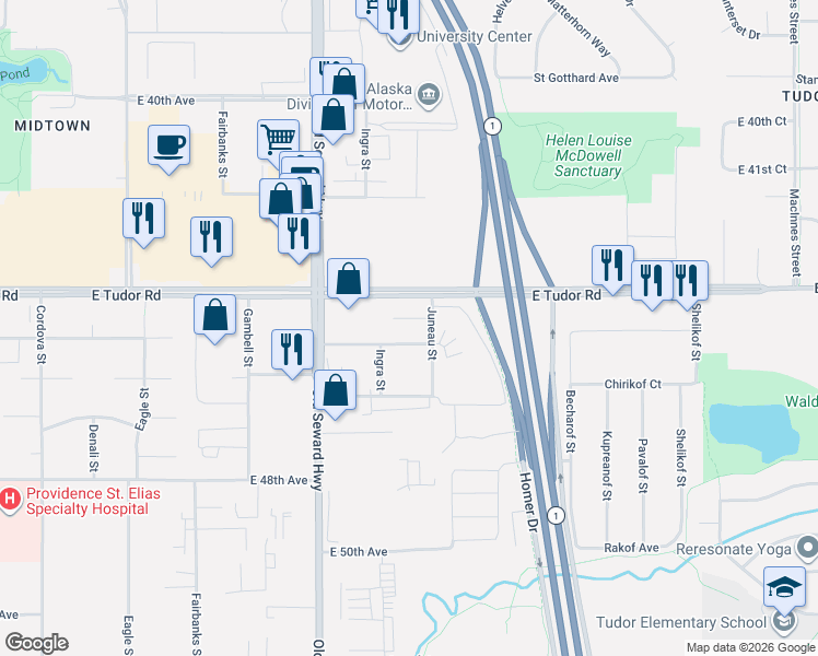 map of restaurants, bars, coffee shops, grocery stores, and more near in Anchorage