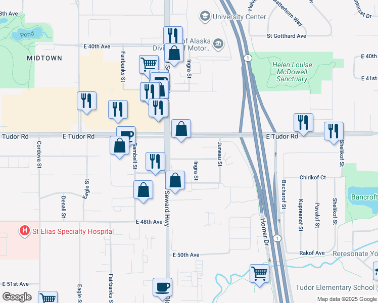 map of restaurants, bars, coffee shops, grocery stores, and more near 4417 Old Seward Highway in Anchorage