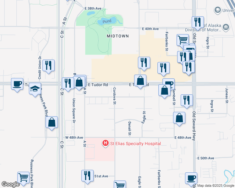 map of restaurants, bars, coffee shops, grocery stores, and more near 311 East 45th Avenue in Anchorage