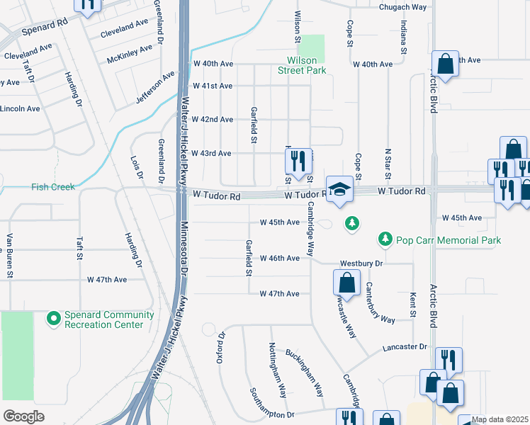 map of restaurants, bars, coffee shops, grocery stores, and more near 1305 West 45th Avenue in Anchorage