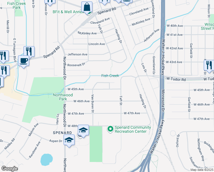 map of restaurants, bars, coffee shops, grocery stores, and more near 2103 West 44th Court in Anchorage