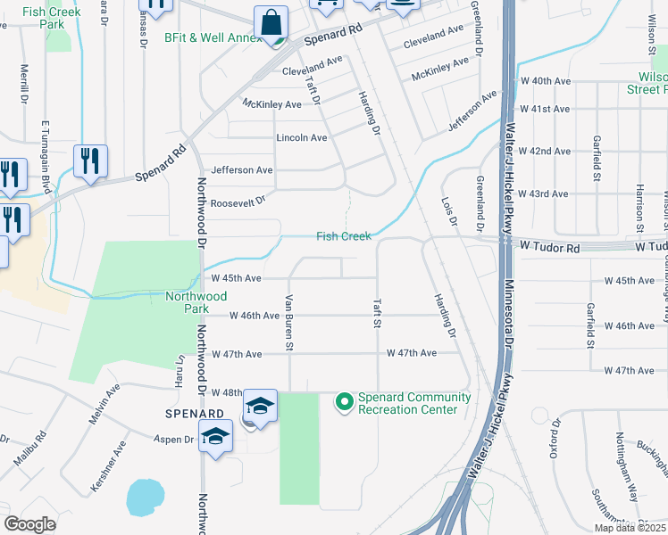 map of restaurants, bars, coffee shops, grocery stores, and more near 2103 West 44th Court in Anchorage