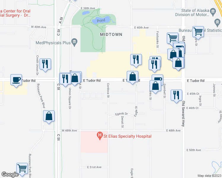 map of restaurants, bars, coffee shops, grocery stores, and more near 4451 Cordova Street in Anchorage