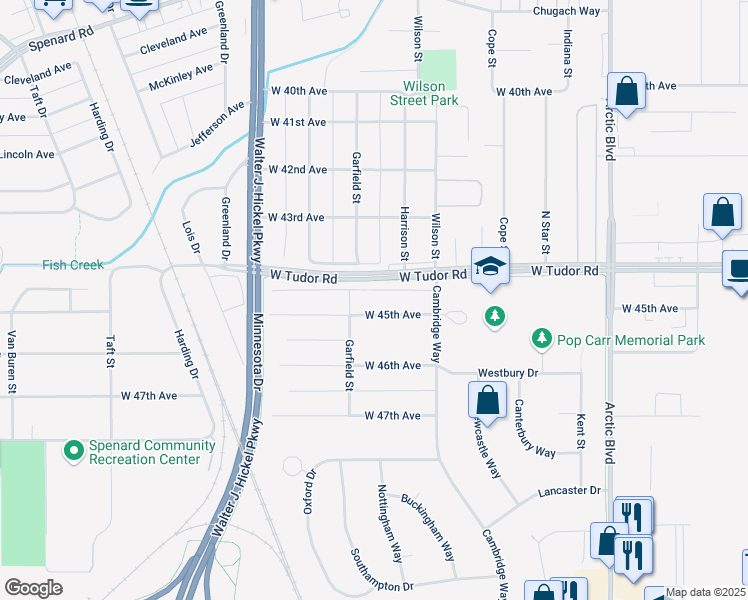 map of restaurants, bars, coffee shops, grocery stores, and more near 1305 West 45th Avenue in Anchorage