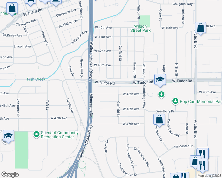map of restaurants, bars, coffee shops, grocery stores, and more near 1407 West 45th Avenue in Anchorage
