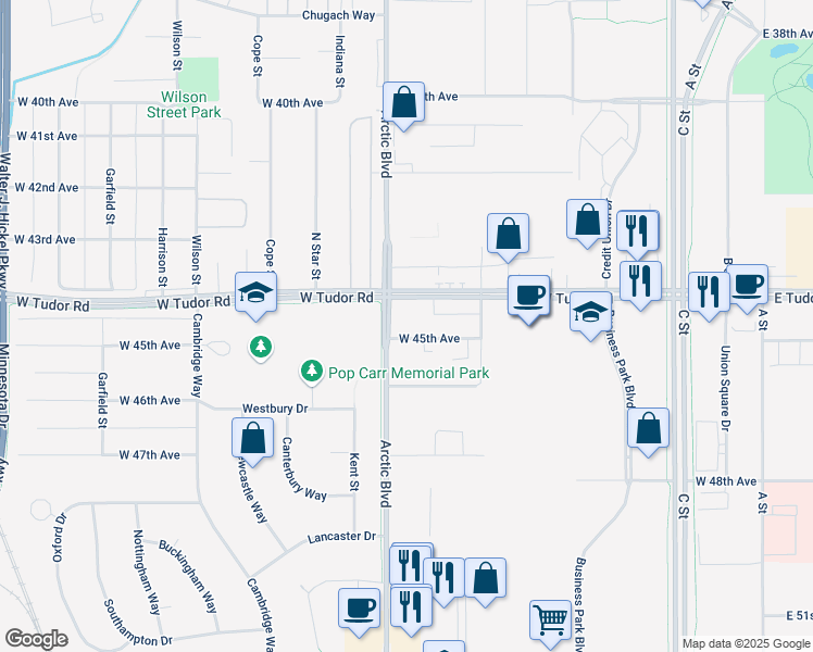 map of restaurants, bars, coffee shops, grocery stores, and more near 700 West Tudor Road in Anchorage