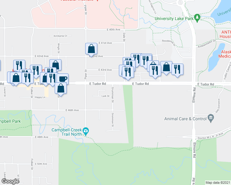 map of restaurants, bars, coffee shops, grocery stores, and more near 4416 View Circle in Anchorage