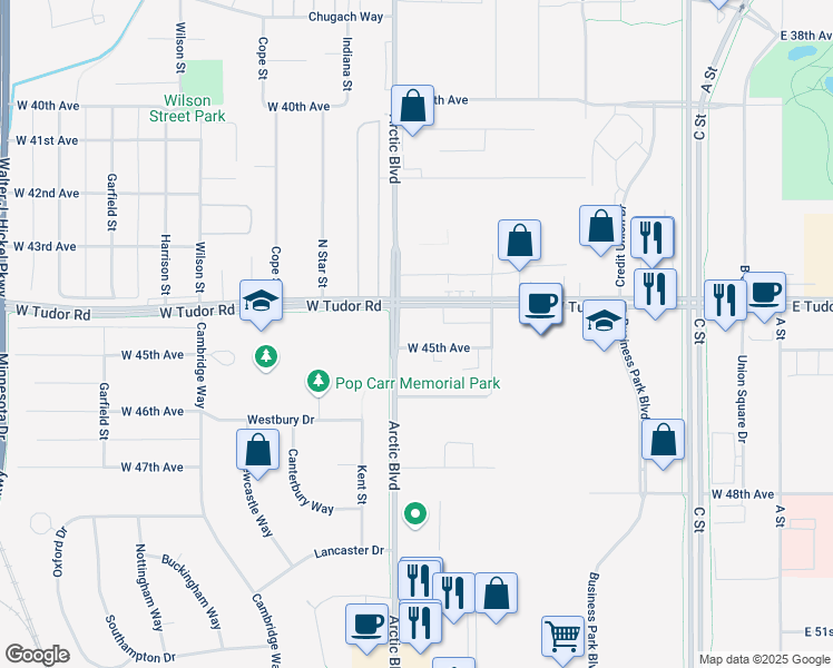 map of restaurants, bars, coffee shops, grocery stores, and more near 700 West Tudor Road in Anchorage