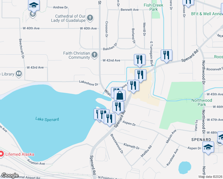 map of restaurants, bars, coffee shops, grocery stores, and more near 3105 Wisconsin Street in Anchorage