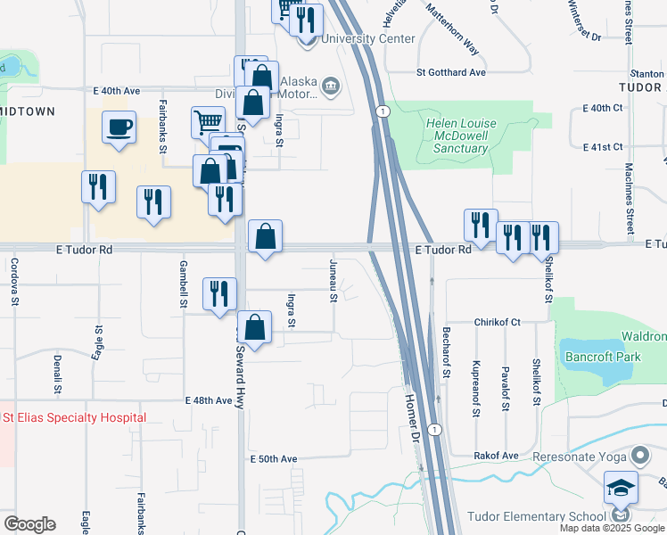 map of restaurants, bars, coffee shops, grocery stores, and more near 4400 Juneau Street in Anchorage