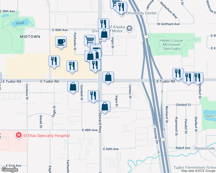 map of restaurants, bars, coffee shops, grocery stores, and more near 4417 Old Seward Highway in Anchorage