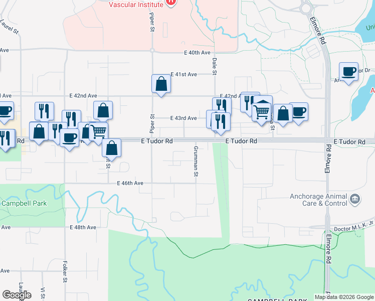 map of restaurants, bars, coffee shops, grocery stores, and more near 3228 Wolcott Circle in Anchorage