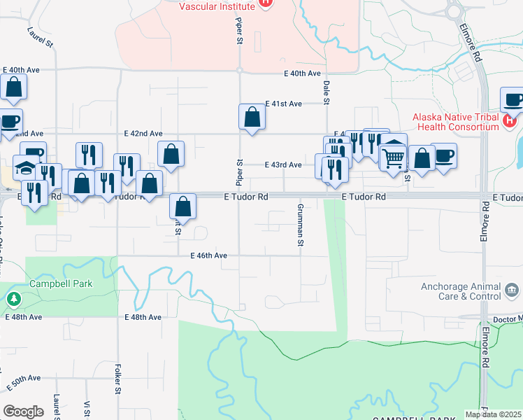 map of restaurants, bars, coffee shops, grocery stores, and more near 4424 Campus Street in Anchorage