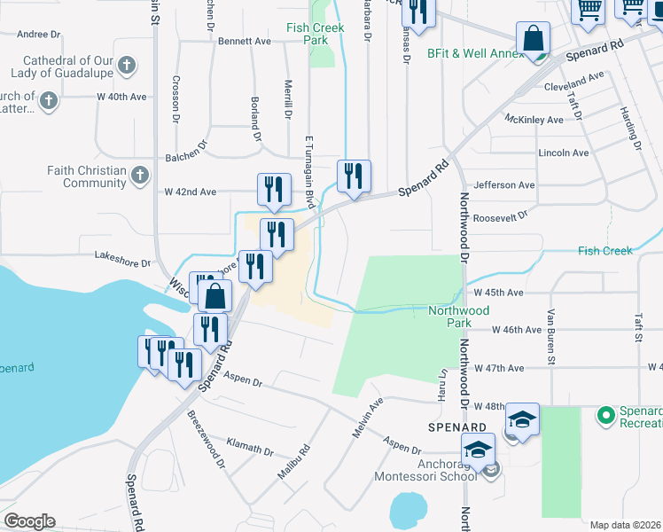 map of restaurants, bars, coffee shops, grocery stores, and more near 4402 Forrest Road in Anchorage