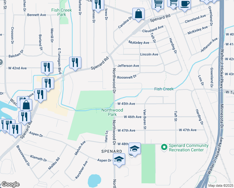 map of restaurants, bars, coffee shops, grocery stores, and more near 4401 Northwood Drive in Anchorage